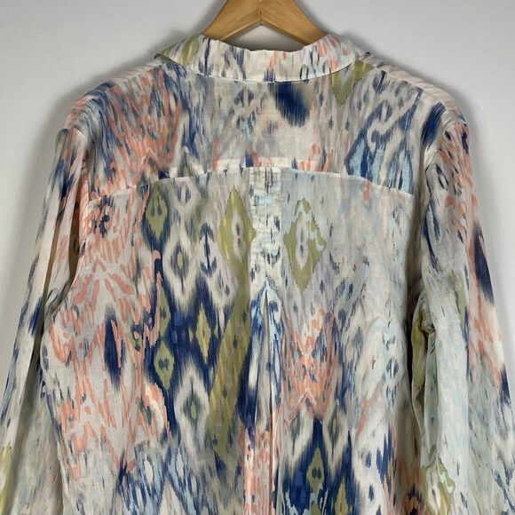 Chico's Watercolor Ikat Blue Green‎ Cotton Button Down Shirt Lightweight Size L - Picture 9 of 14